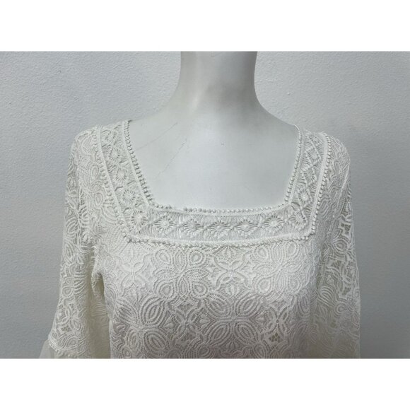 White House Black Market Lined White Lace Top Chiffon Ruffle Sleeves Sze S - Picture 4 of 16